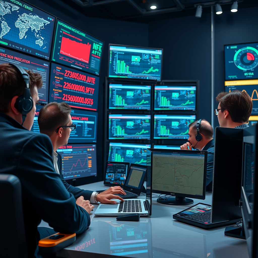 Команда специалистов по кибербезопасности работает в современном центре мониторинга с множеством экранов, отображающих данные о защите информации и анализе угроз