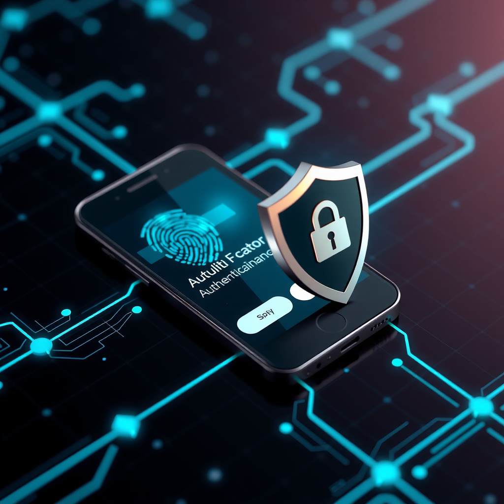 Detailed illustration of multi-factor authentication concept showing smartphone with authentication app, fingerprint scanner, hardware security key, and shield icon with lock, all connected by glowing teal lines on dark futuristic background with digital grid pattern