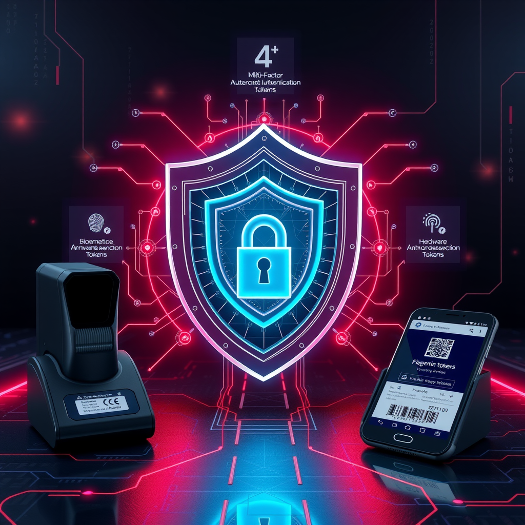 Концептуальная визуализация многофакторной аутентификации: цифровой щит с несколькими слоями защиты, биометрическими сканерами отпечатков пальцев и сетчаткой глаза, аппаратными токенами безопасности и мобильными устройствами с кодами подтверждения на темном футуристическом фоне с неоновыми тонами