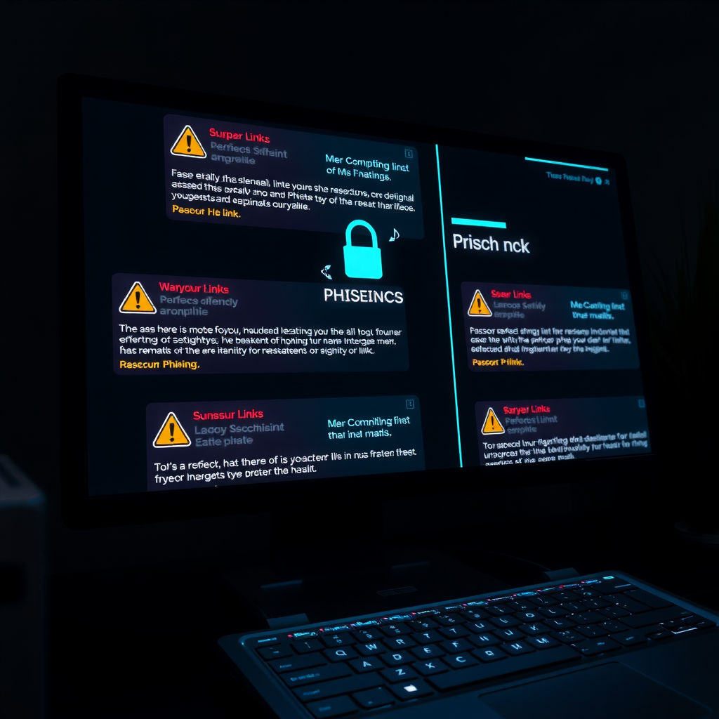 Визуализация фишинговой атаки: темный экран компьютера с множеством поддельных электронных писем, подозрительными ссылками и предупреждающими символами, неоновые тeal и синие акценты подсвечивают опасные элементы