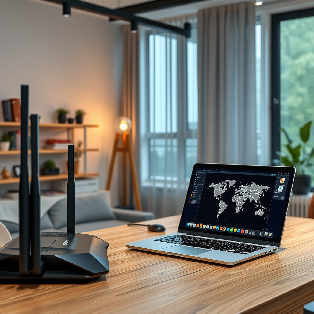 Современный домашний офис с защищенной сетевой инфраструктурой, роутер с индикаторами безопасности, ноутбук с сетевой диаграммой