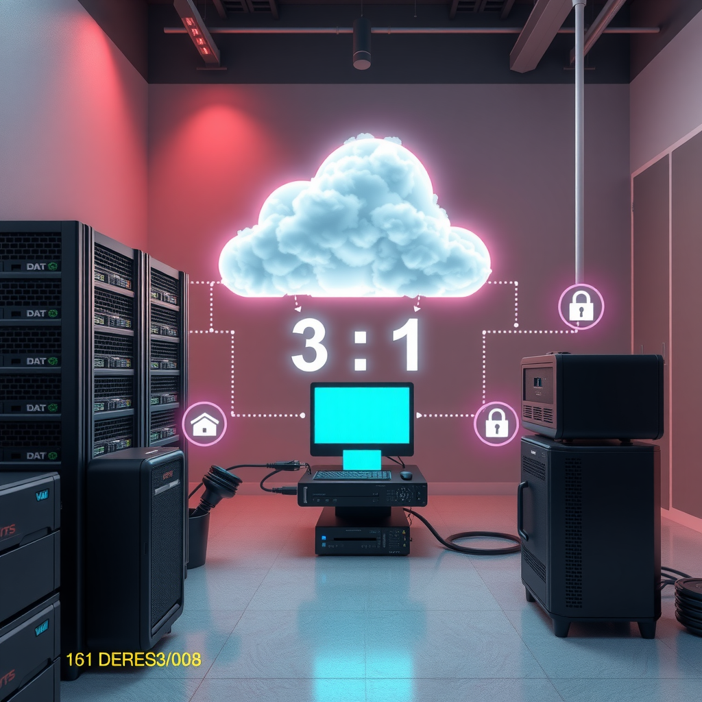 Современная инфраструктура резервного копирования данных с облачными серверами, внешними накопителями и сетевыми хранилищами, визуализация правила 3-2-1 с защищенными каналами передачи данных и шифрованием