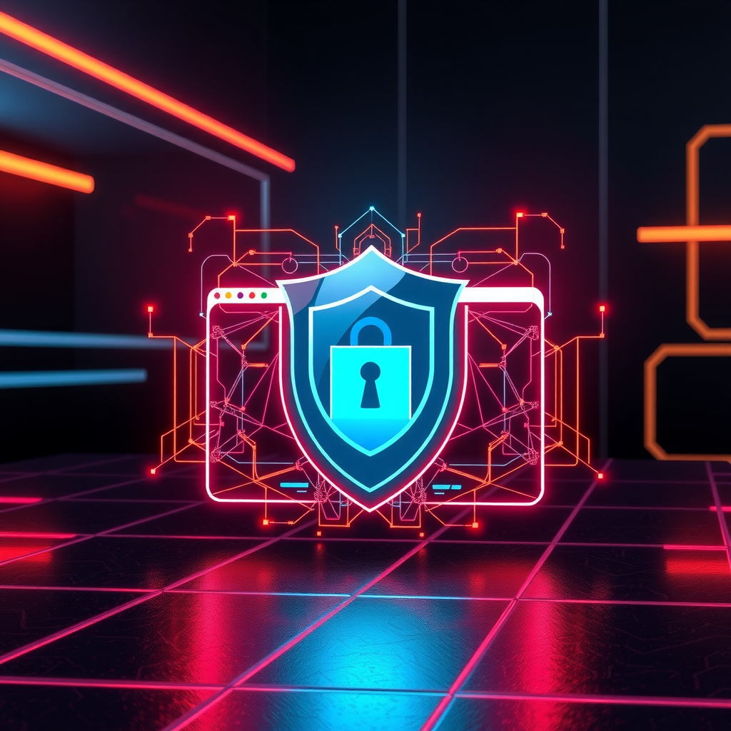 Концептуальная иллюстрация защищенного веб-браузера с цифровым щитом, защищающим от киберугроз, на темном футуристическом фоне с неоновыми акцентами
