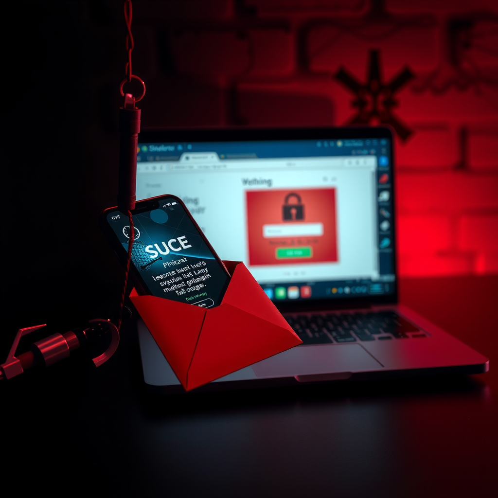 Dramatic visualization of phishing attack showing hooked fishing line with email envelope, smartphone displaying suspicious message, laptop screen with fake login page, and warning symbols, all in dark cybersecurity theme with red and teal accent lighting