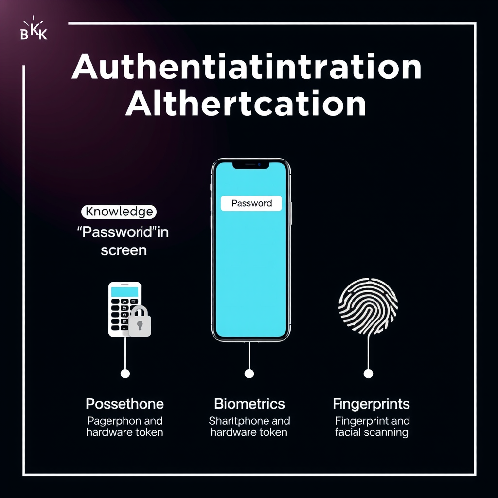 Инфографика трех факторов аутентификации: визуальное представление категорий 'знание' (пароль на экране), 'владение' (смартфон и аппаратный токен) и 'биометрия' (отпечаток пальца и сканирование лица) с соединительными линиями и иконками безопасности