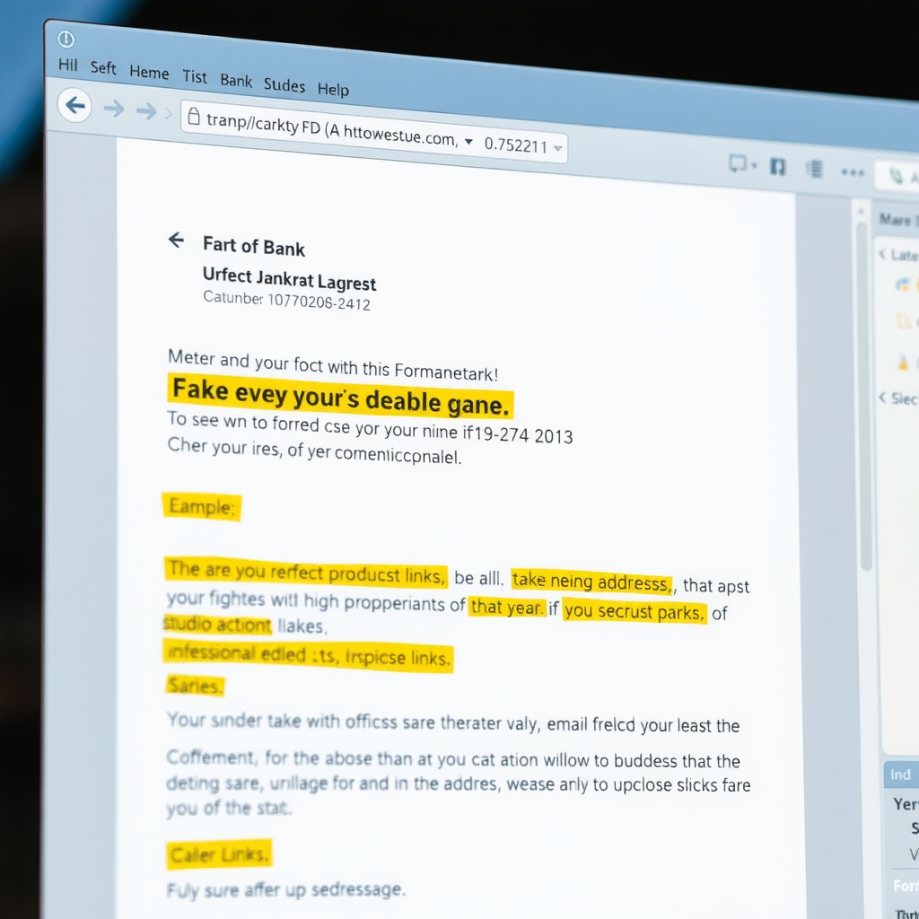 Пример фишингового письма с подделкой отправителя: интерфейс почтового клиента показывает письмо якобы от банка с выделенными подозрительными элементами - поддельный адрес отправителя, срочные требования действий, подозрительные ссылки