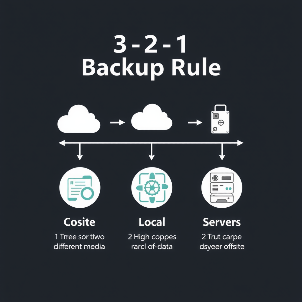 Визуальная схема правила 3-2-1 резервного копирования: три копии данных на двух разных типах носителей с одной копией вне офиса, диаграмма с иконками облачного хранилища, внешнего жесткого диска и локального сервера