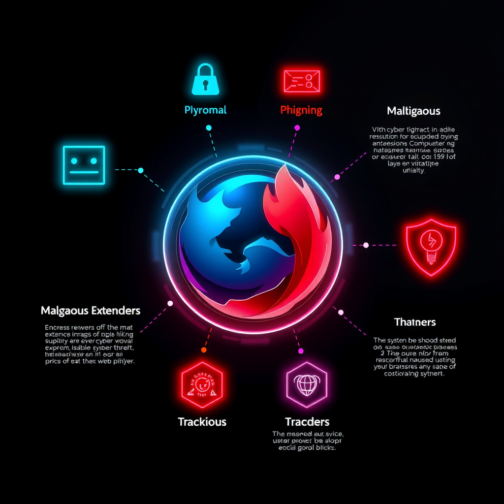 Инфографика с визуализацией различных типов киберугроз для веб-браузеров, включая фишинг, вредоносные расширения и трекеры, на темном фоне с неоновыми элементами