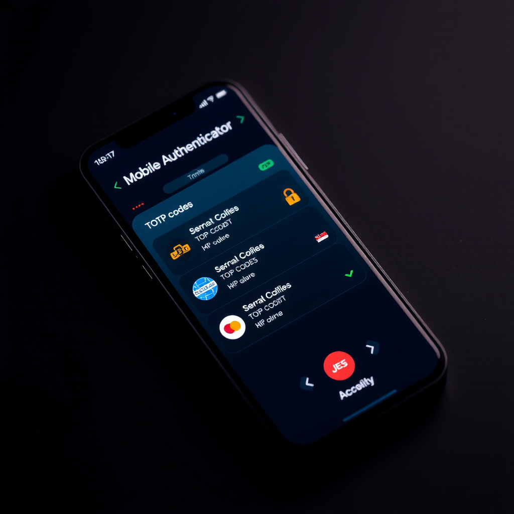 Интерфейс мобильного приложения-аутентификатора на экране смартфона, показывающий несколько аккаунтов с генерируемыми TOTP-кодами, таймером обратного отсчета и иконками различных сервисов на темном фоне с неоновыми акцентами