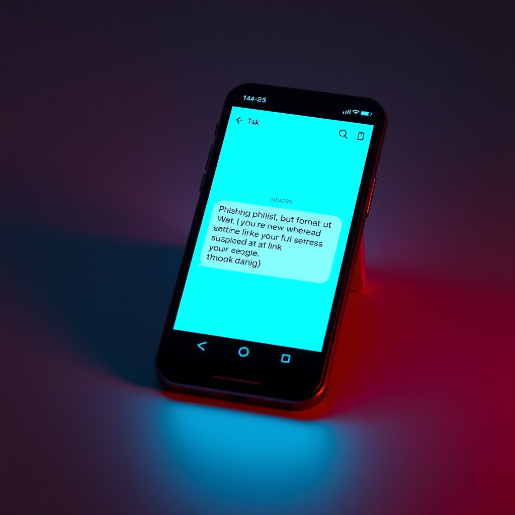 Смартфон с открытым SMS-приложением, показывающий фишинговое сообщение якобы от банка с подозрительной ссылкой, экран подсвечен неоновым teal светом, видны предупреждающие индикаторы опасности