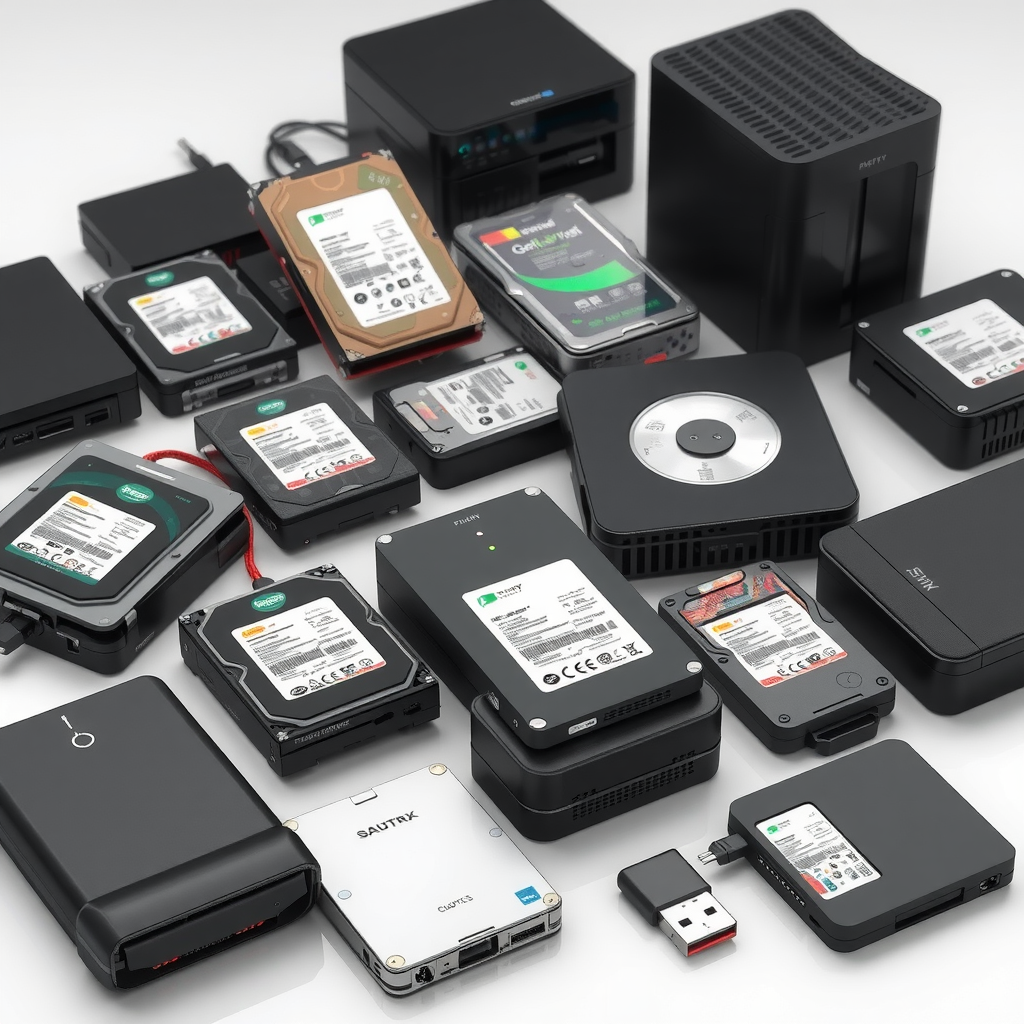 Коллекция современных устройств хранения данных: внешние жесткие диски различной емкости, портативные SSD накопители, NAS системы с множественными дисками, USB флеш-накопители, все устройства с индикаторами активности и защитными корпусами