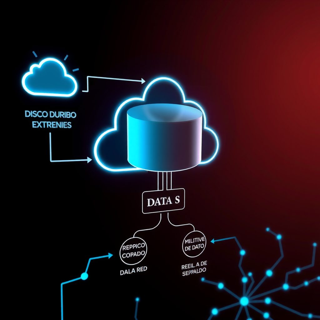 Comprehensive data backup visualization showing cloud storage icon, external hard drive, network-attached storage device, and multiple data copies flowing through encrypted channels with 3-2-1 backup rule diagram on futuristic dark interface with blue glowing connections