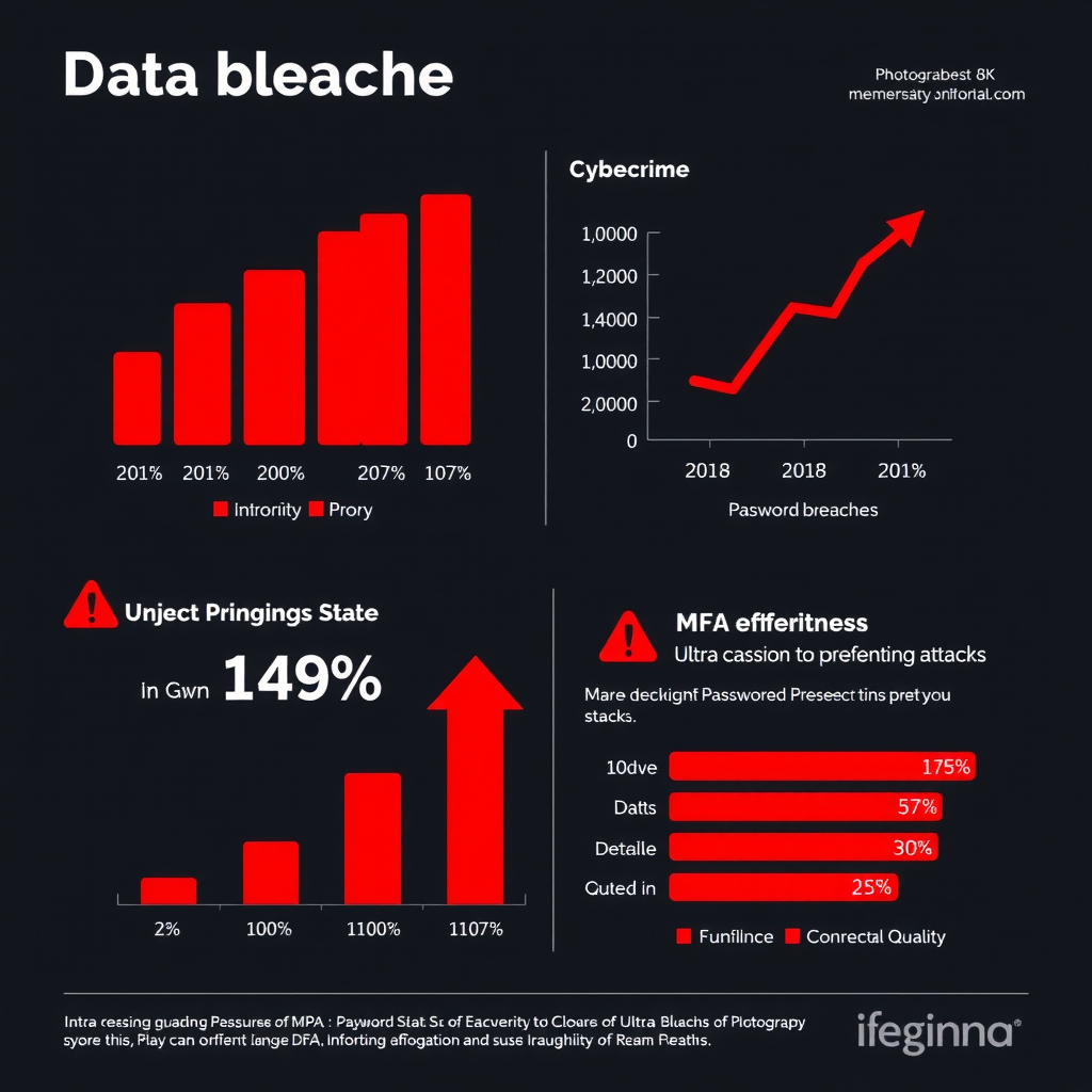 Инфографика статистики утечек данных: графики и диаграммы, показывающие рост киберпреступности, процент взломов, связанных с паролями, и эффективность MFA в предотвращении атак, с красными предупреждающими элементами на темном фоне