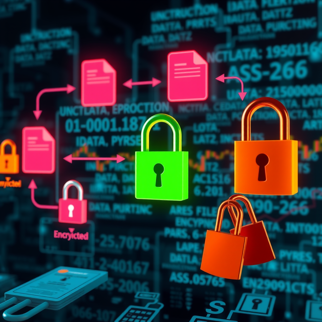 Визуализация процесса шифрования данных: поток информации от незащищенных файлов через алгоритм шифрования AES-256 к зашифрованным данным, изображение замков, ключей и защищенных каналов передачи с цифровыми сертификатами