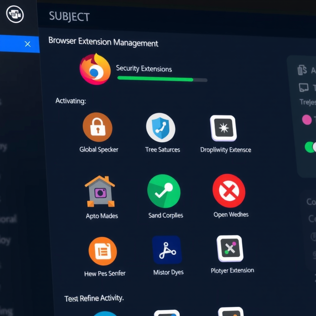 Визуализация панели управления расширениями браузера с иконками популярных расширений безопасности и их статусом активности