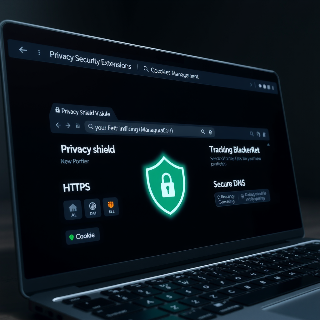 Modern web browser interface with security extensions visible, privacy shield icon, cookie management panel, HTTPS padlock symbol, tracking blocker indicators, and secure DNS configuration displayed on sleek dark interface with green and teal security indicators glowing