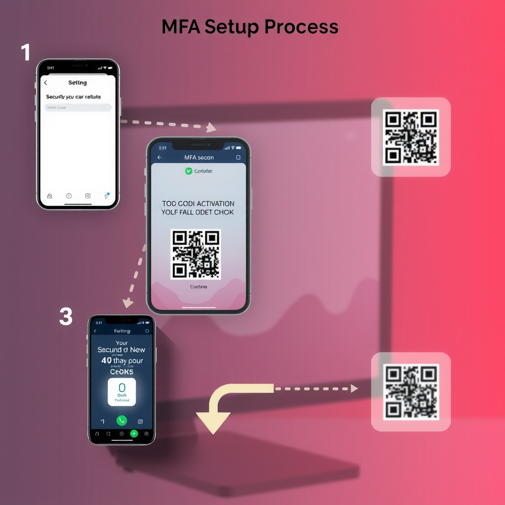 Пошаговая визуализация процесса настройки MFA: экраны смартфона и компьютера, показывающие последовательность действий от входа в настройки безопасности до сканирования QR-кода и подтверждения активации с галочками и стрелками