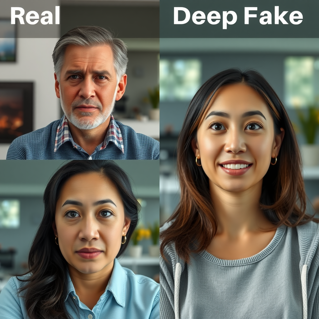 Сравнение реального и дипфейк видео: разделенный экран показывает оригинальное видео человека и его AI-сгенерированную копию, с техническими индикаторами и маркерами, выделяющими артефакты подделки