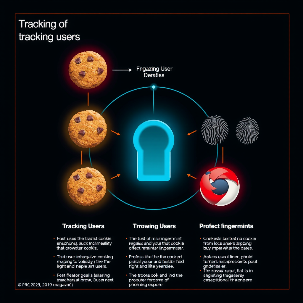 Схематическая визуализация процесса отслеживания пользователей через cookie-файлы и цифровые отпечатки браузера с иллюстрацией методов защиты