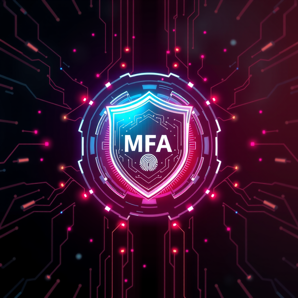 Футуристическая концепция цифровой безопасности: защищенный цифровой мир с множественными слоями защиты, символизирующими MFA, окруженный светящимися щитами и биометрическими элементами на темном фоне с неоновыми акцентами
