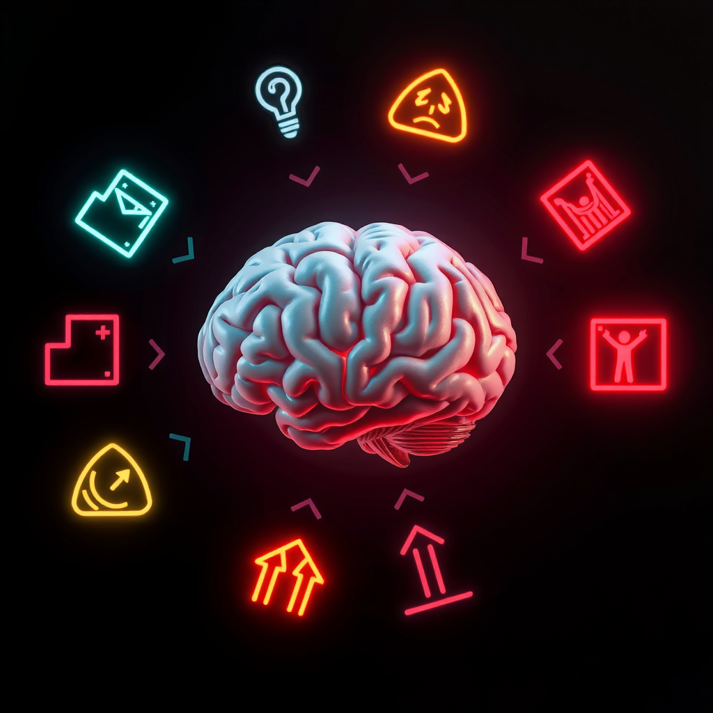 Концептуальная визуализация психологических манипуляций: человеческий мозг в центре, окруженный символами эмоций - страх, жадность, срочность, авторитет, представленными неоновыми иконками и стрелками