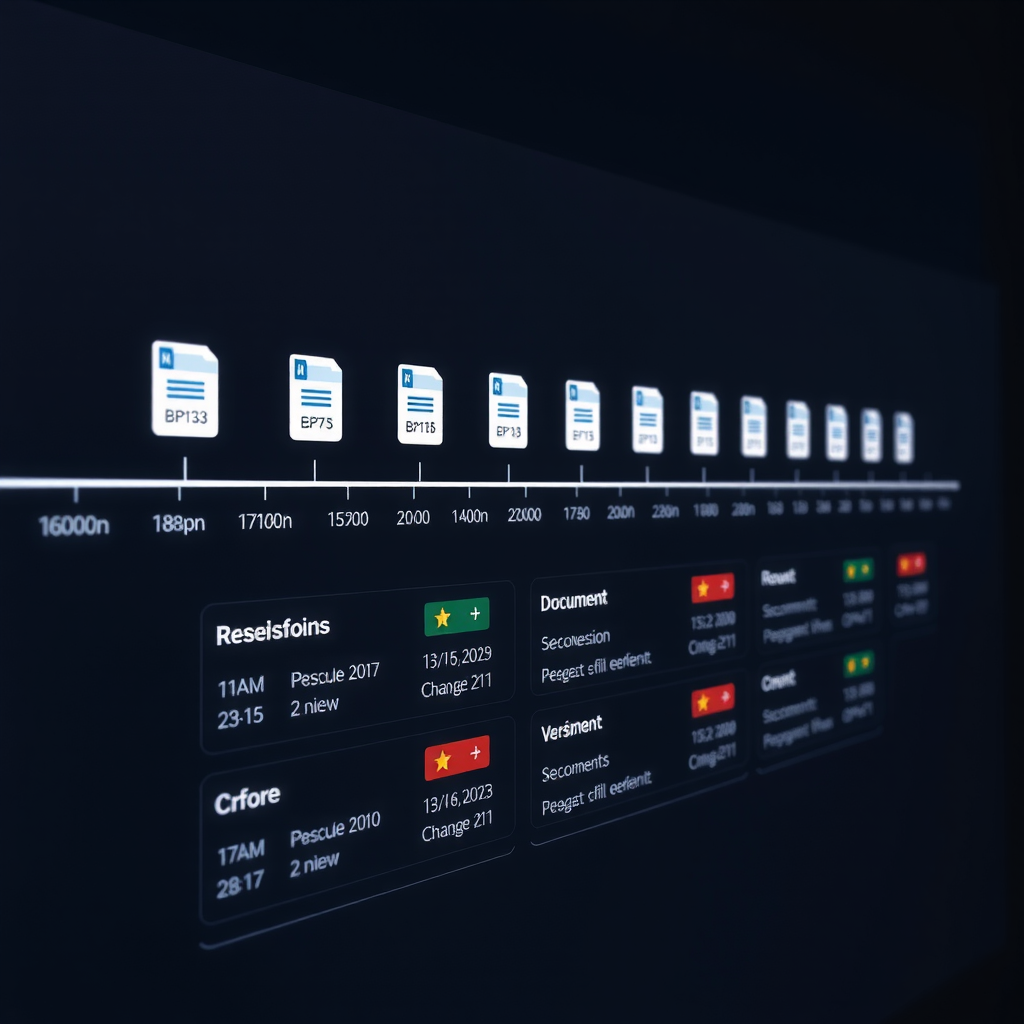 Визуализация истории версий файлов: временная шкала с множественными точками восстановления, интерфейс выбора версии файла с датами и временем изменений, сравнение версий документа, индикаторы размера изменений между версиями