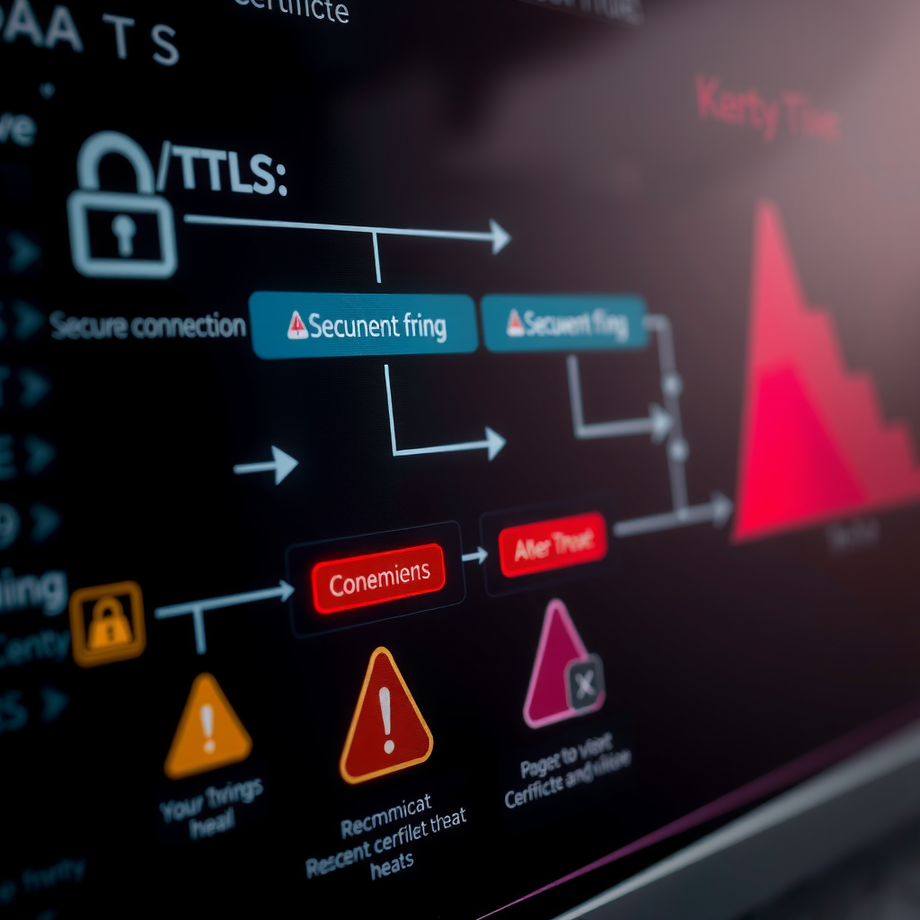 Визуальное представление процесса проверки SSL/TLS сертификата с индикаторами безопасного соединения и предупреждениями о потенциальных угрозах