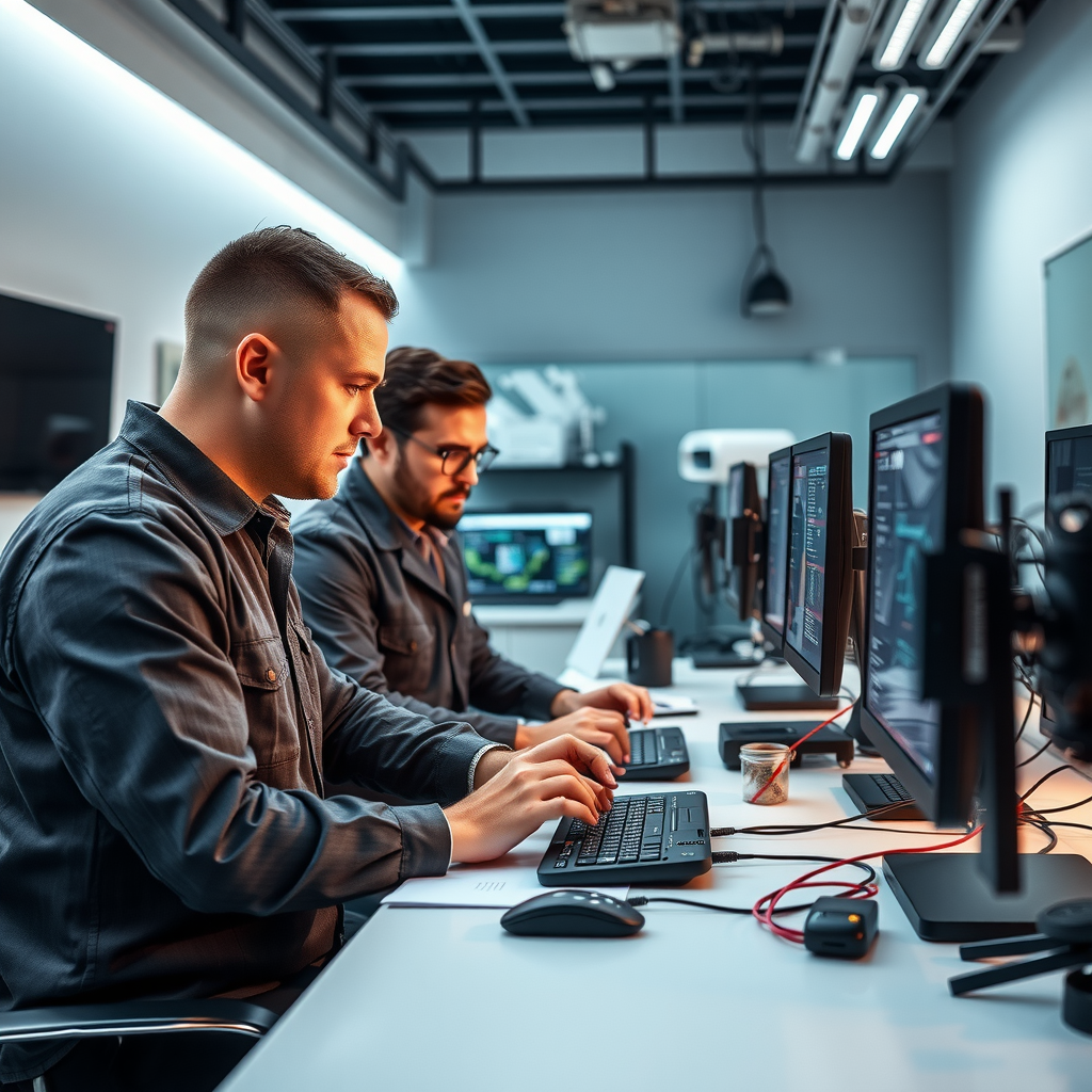 Команда сертифицированных специалистов по кибербезопасности проводит анализ угроз в современной лаборатории с передовым оборудованием