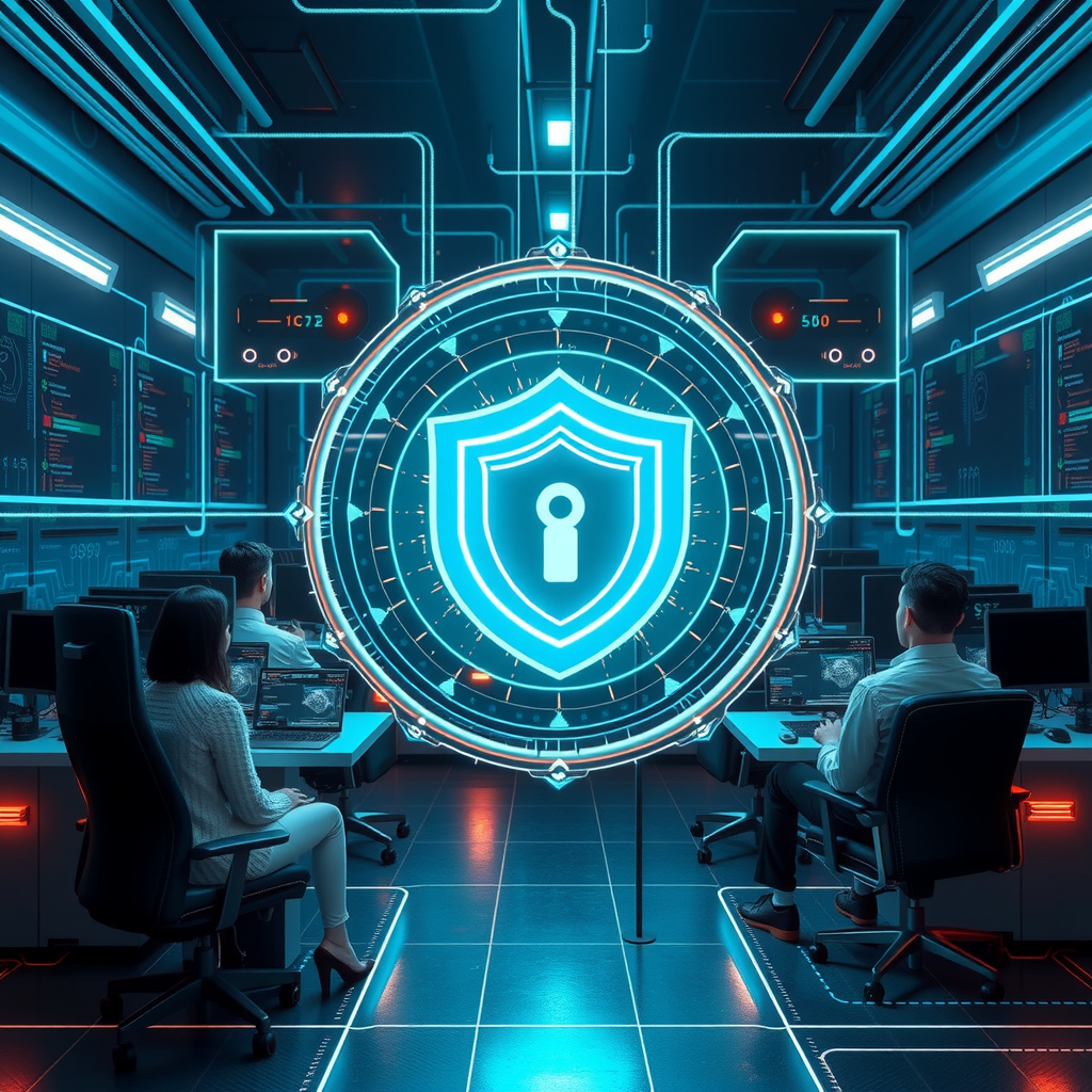 Футуристическая визуализация кибербезопасности: защищенная цифровая среда с множеством слоев защиты, AI-системы мониторинга, обученные пользователи за компьютерами, неоновые teal и синие линии образуют защитный щит