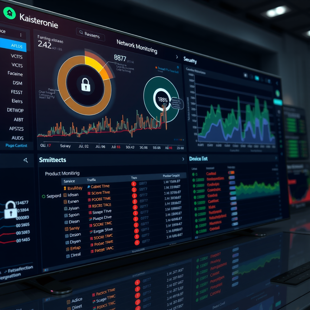 Панель мониторинга сети, анализ трафика в реальном времени, оповещения безопасности, список устройств, интерфейс кибербезопасности