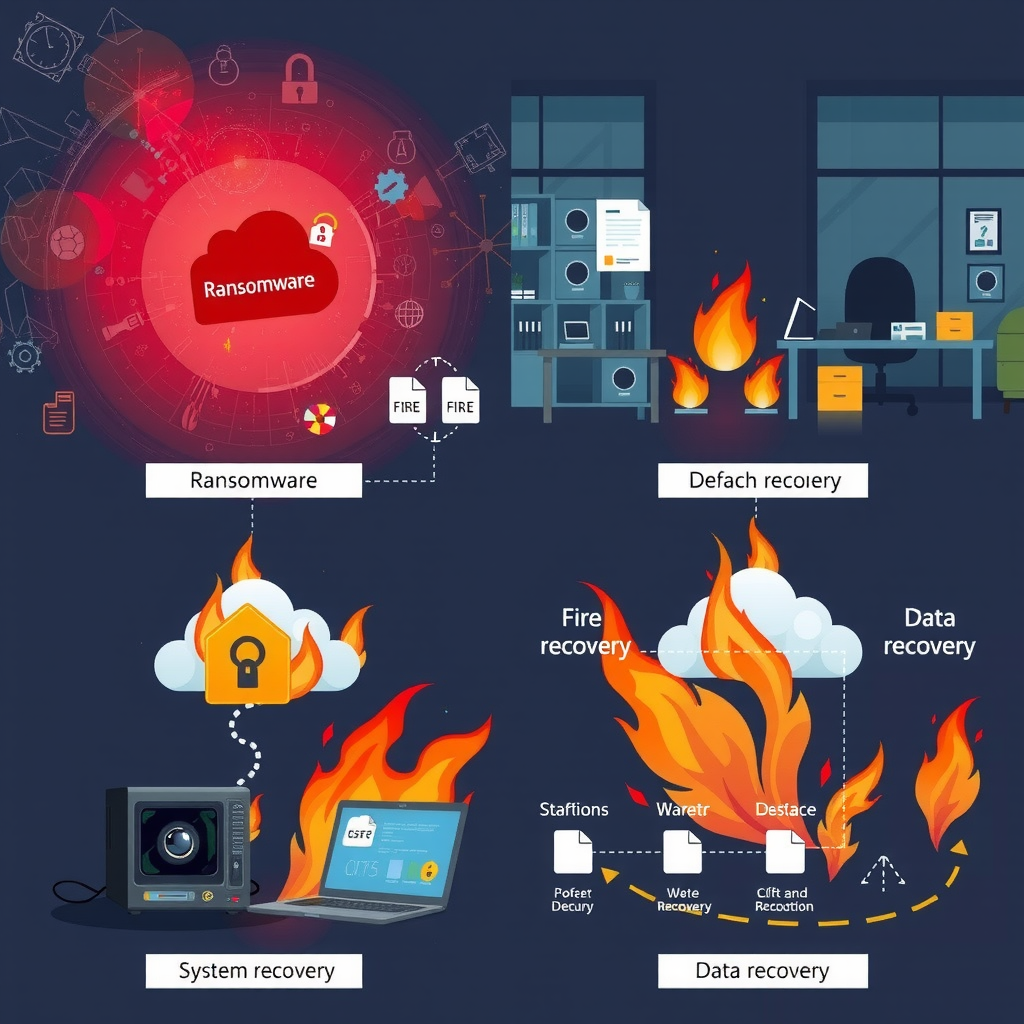 Иллюстрация различных сценариев катастроф и восстановления: визуализация атаки программы-вымогателя с зашифрованными файлами, пожара в офисе с уничтоженным оборудованием, процесса восстановления данных из облачного хранилища, временная шкала восстановления систем
