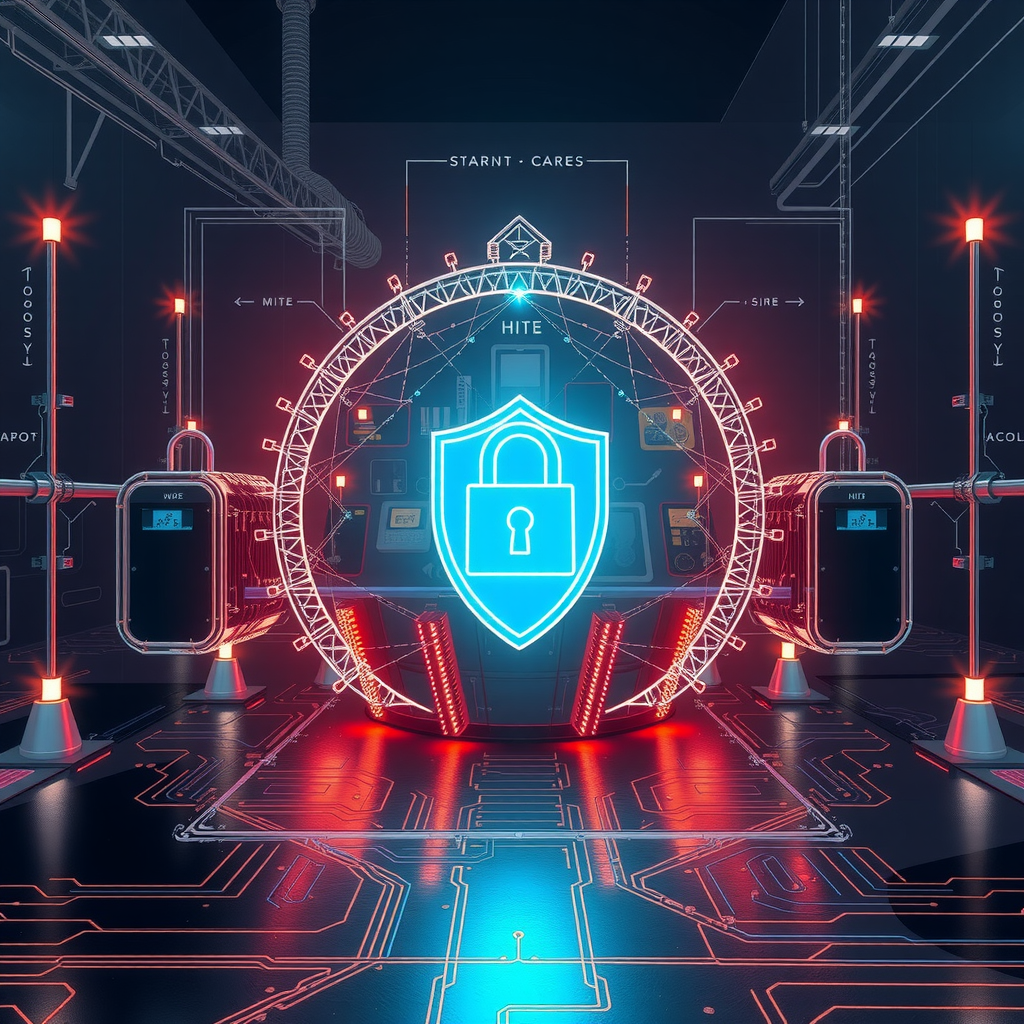 Концепция защищенной домашней сети, цифровая крепость, многоуровневые щиты безопасности, футуристическая визуализация кибербезопасности